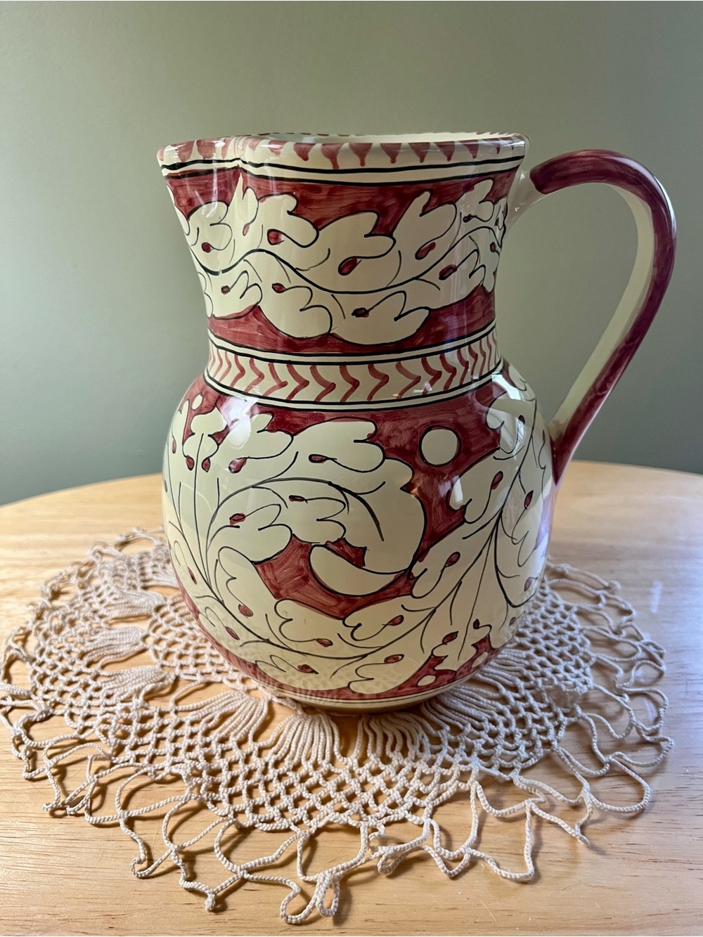 Hand-Painted Red  Ceramic Pitcher from Orvieto Italy